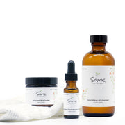 Sans Skincare Nighttime Ritual – Whipped Face Butter, Nourish Face Serum with CoQ10, and Nourishing Oil Cleanser with soft towel