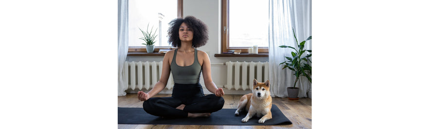Young woman meditating in a yoga pose at home with a dog sitting beside her on the mat