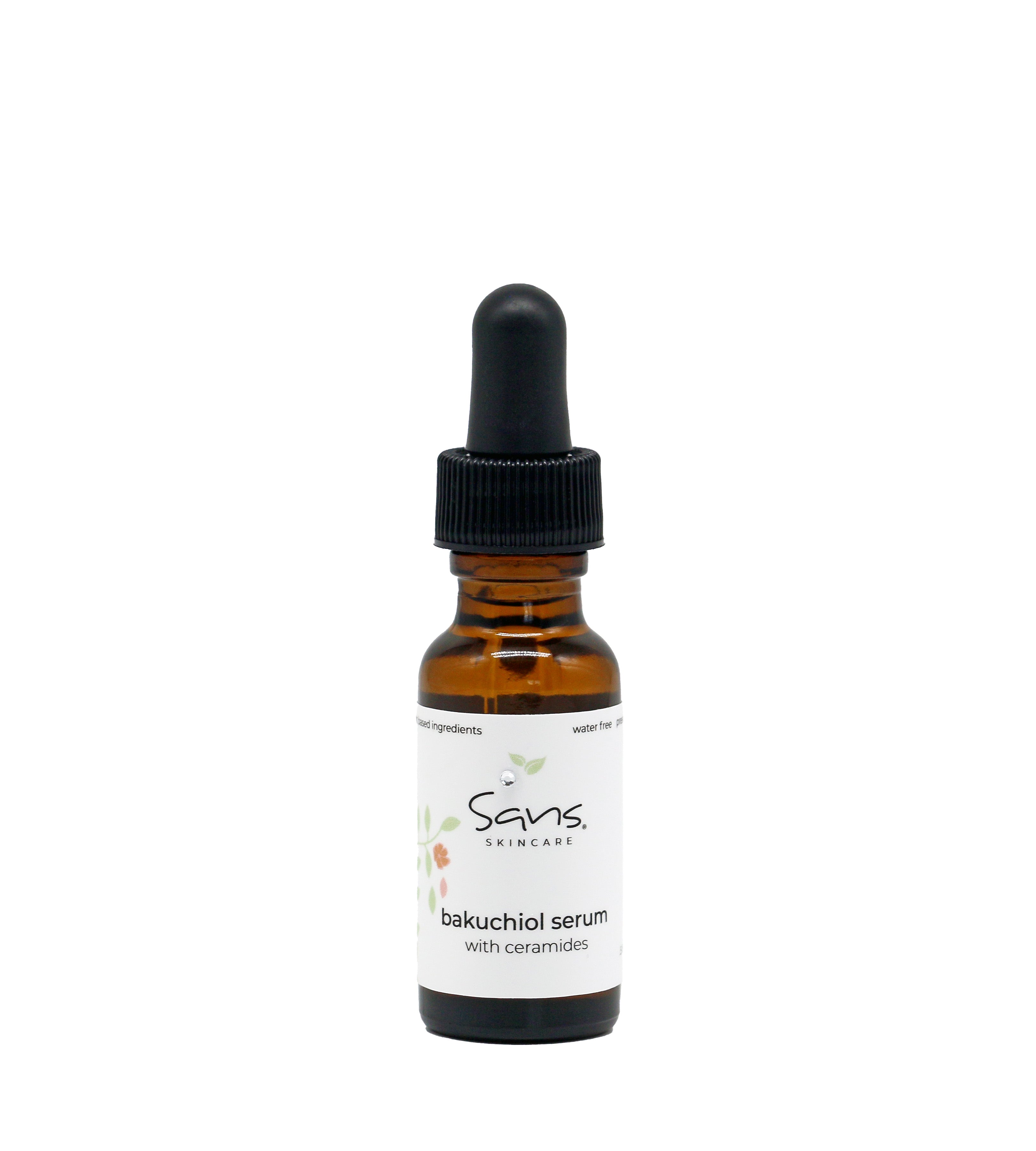 Sans Skincare Bakuchiol Serum with Ceramide 3 – natural retinol alternative in amber glass dropper bottle