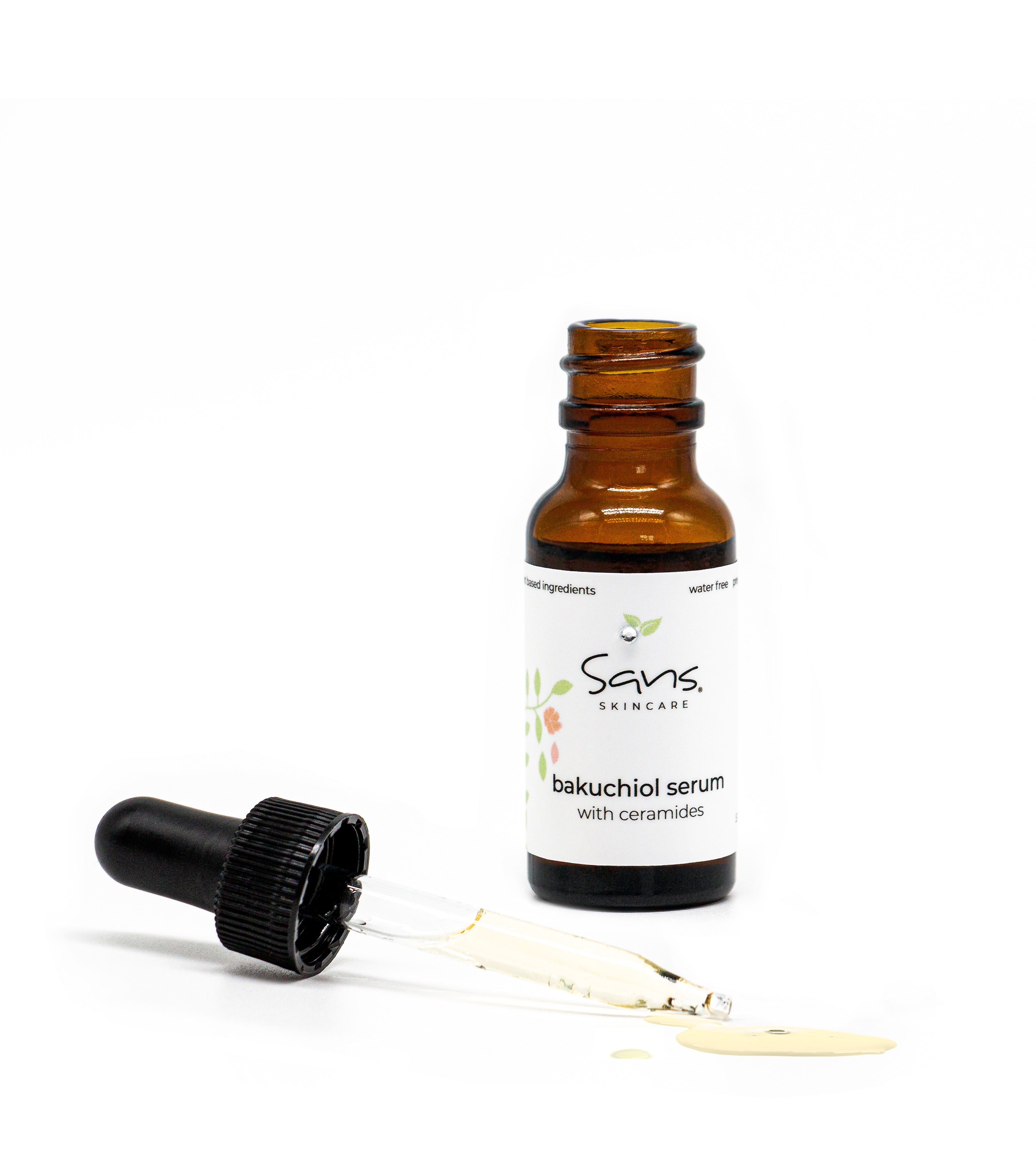 Sans Skincare Bakuchiol Serum with Ceramides – amber glass bottle and dropper showing lightweight natural retinol alternative