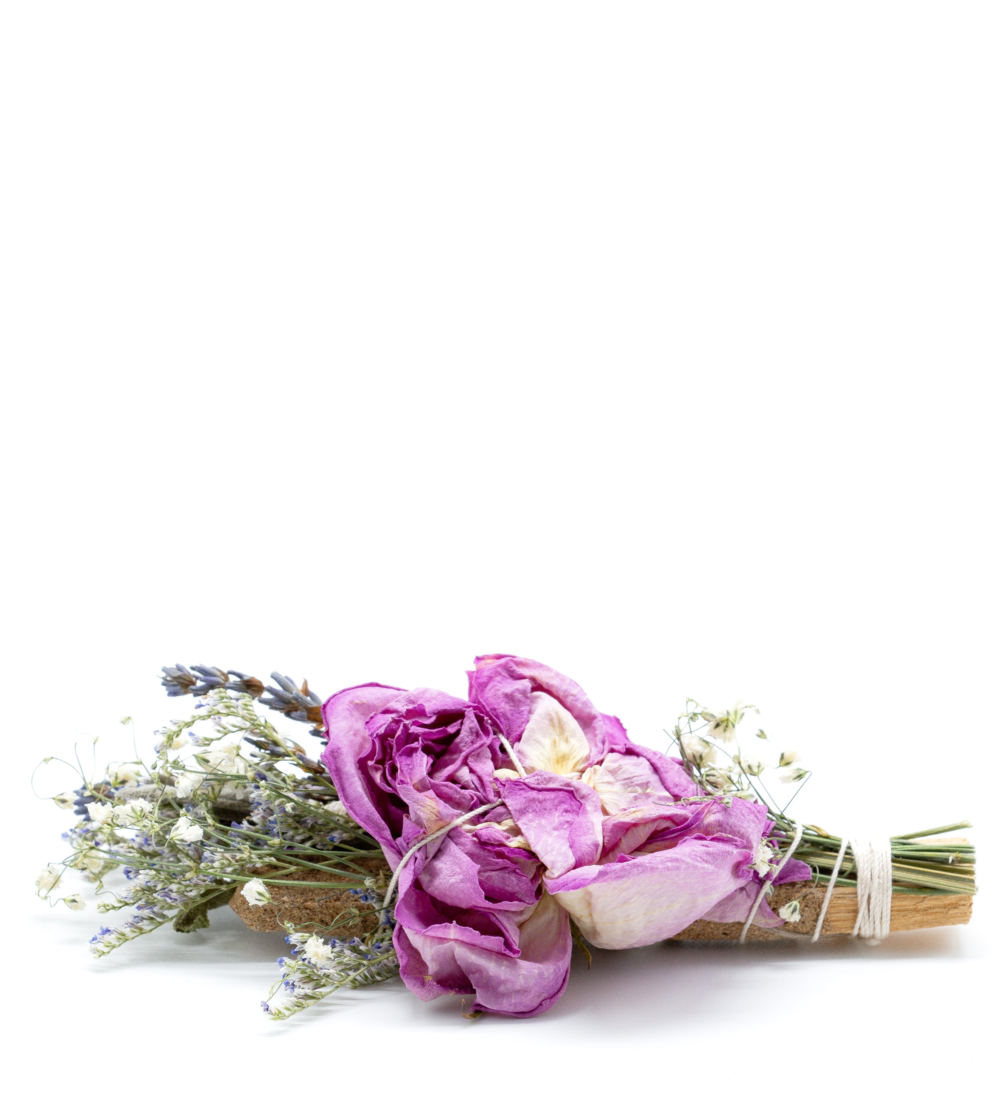 Botanical Palo Santo Smudge Bundles with dried roses, lavender, and sage – natural ritual sticks for cleansing, energy renewal, and grounding