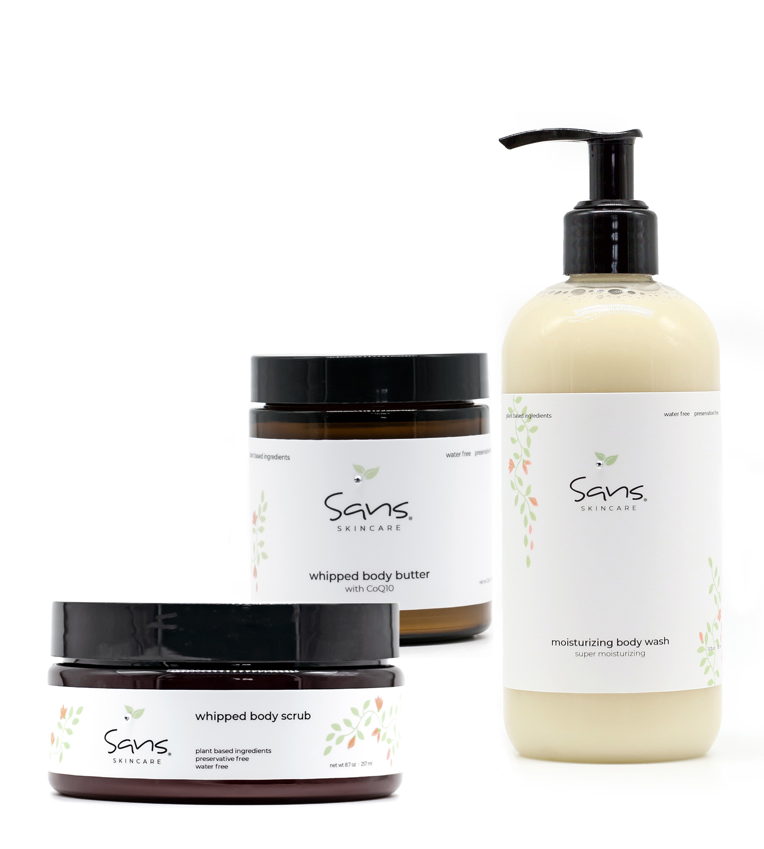 Sans Skincare Replenishing Trio – Whipped Body Scrub, Whipped Body Butter with CoQ10, and Moisturizing Body Wash set