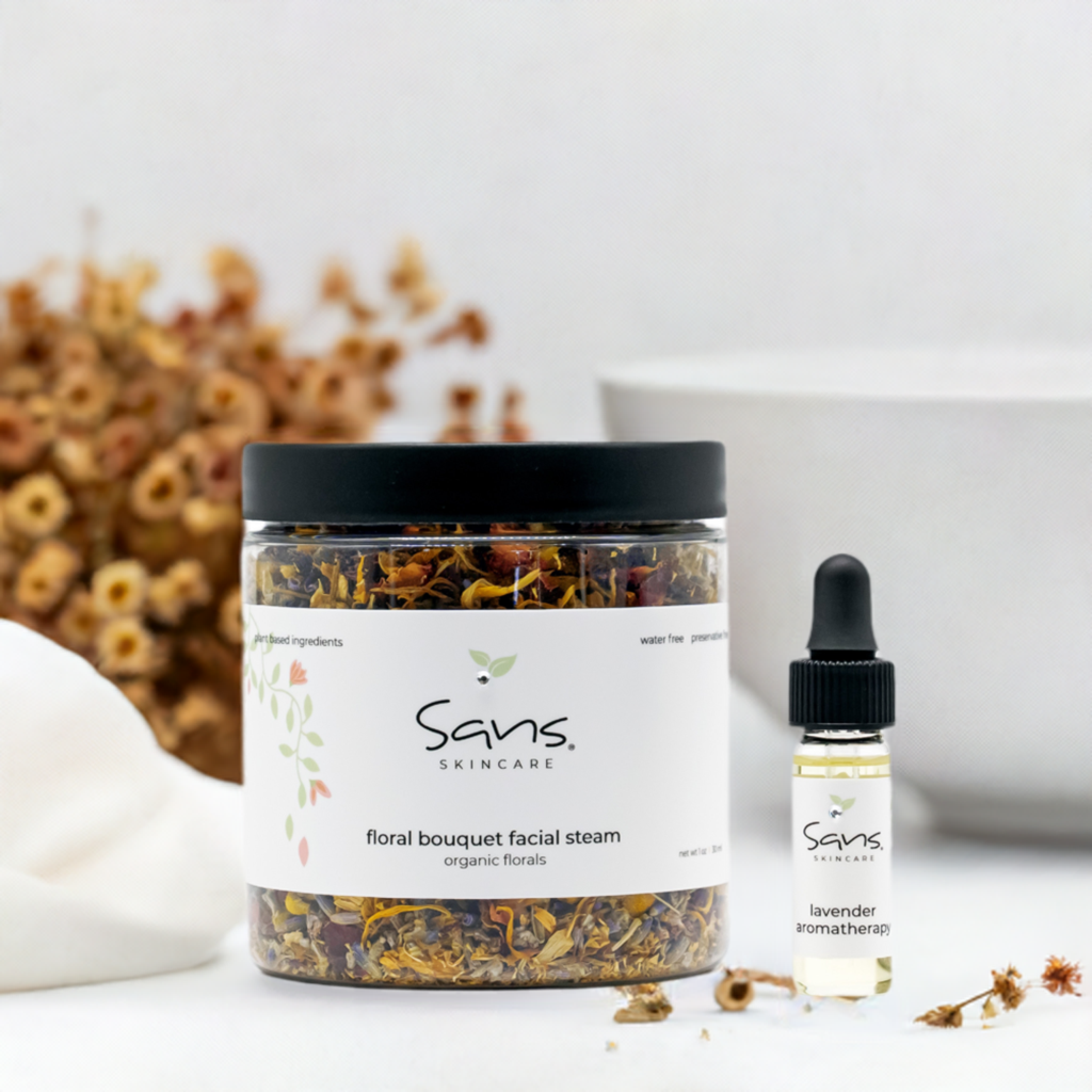 Sans Skincare organic Floral Bouquet Facial Steam with rose petals and chamomile, paired with lavender essential oil