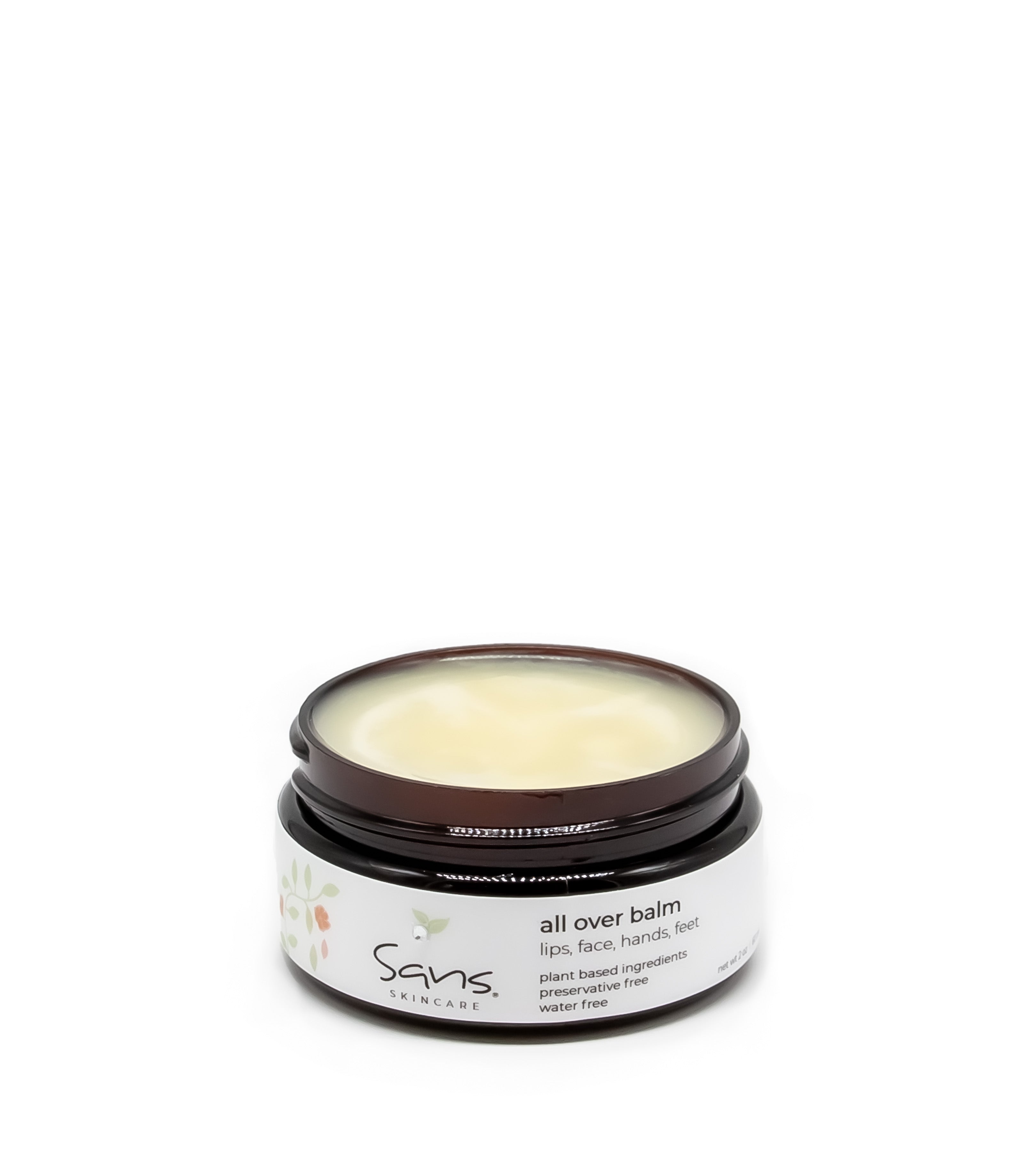 Sans Skincare All Over Balm – smooth, creamy plant-based formula shown inside jar for lips, face, hands, and feet