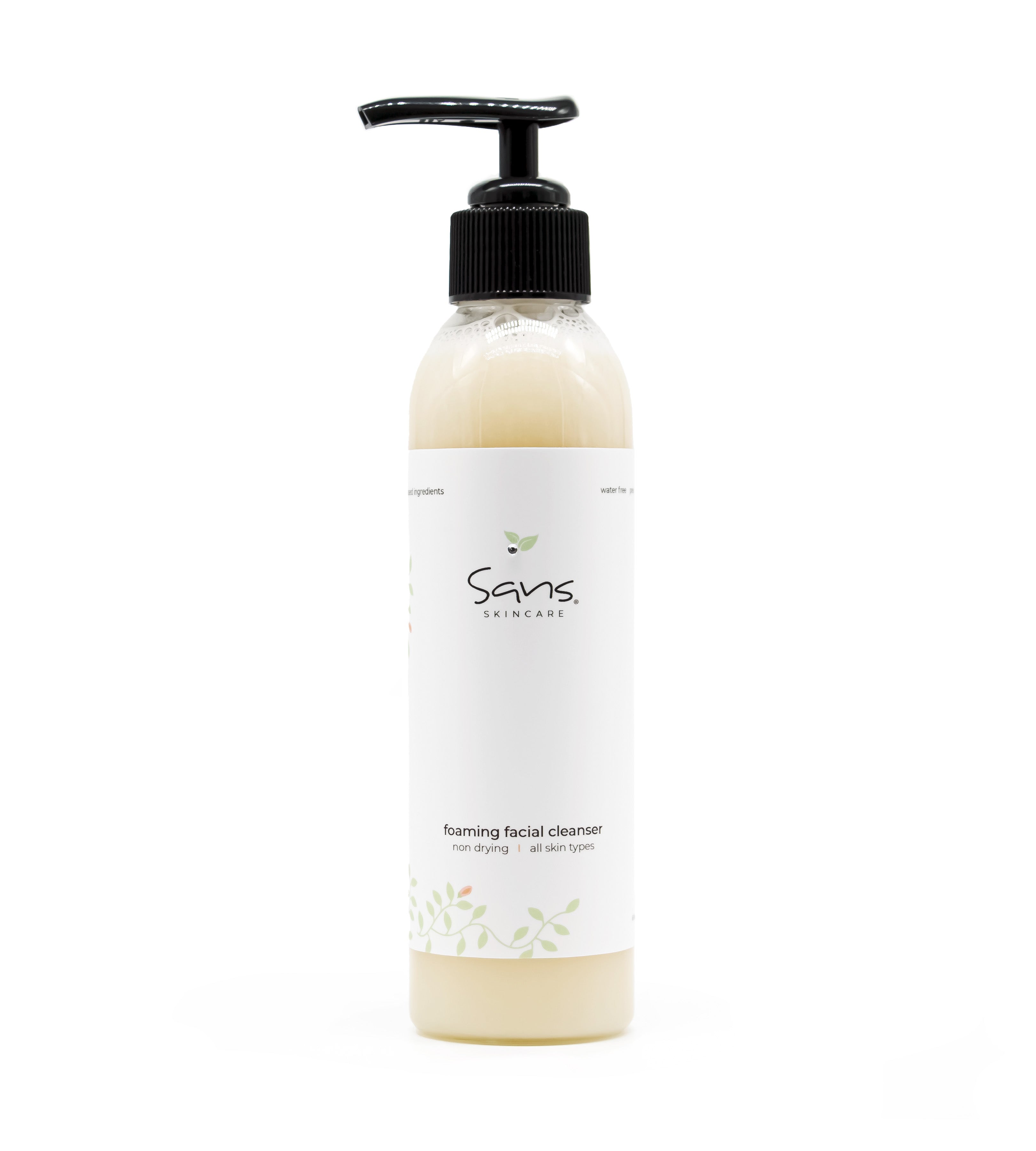 Sans Skincare Foaming Facial Cleanser in clear pump bottle, gentle non-drying face wash for all skin types