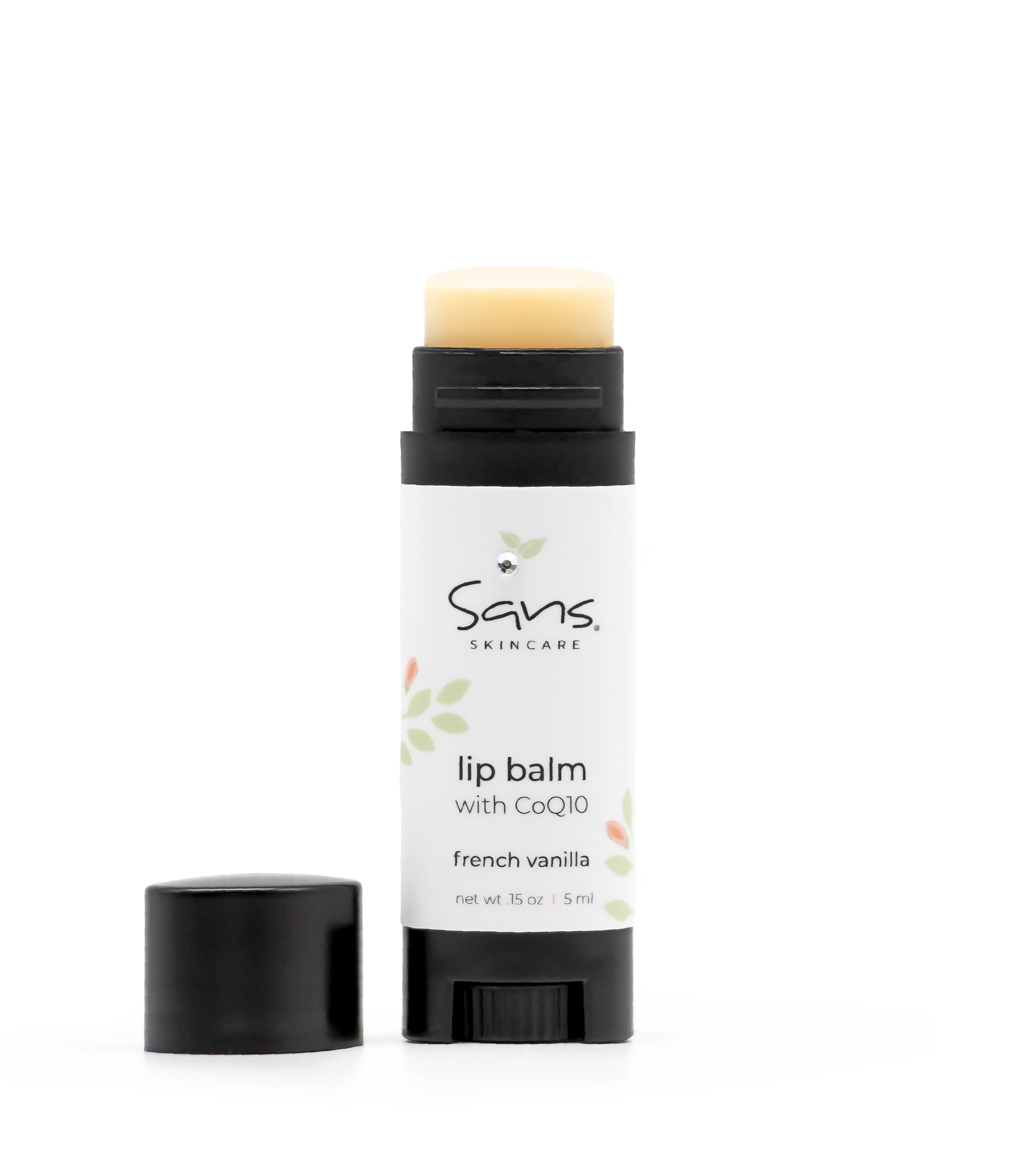 Sans Skincare french vanilla lip balm with CoQ10 – antioxidant-rich, water-free formula in compact balm tube