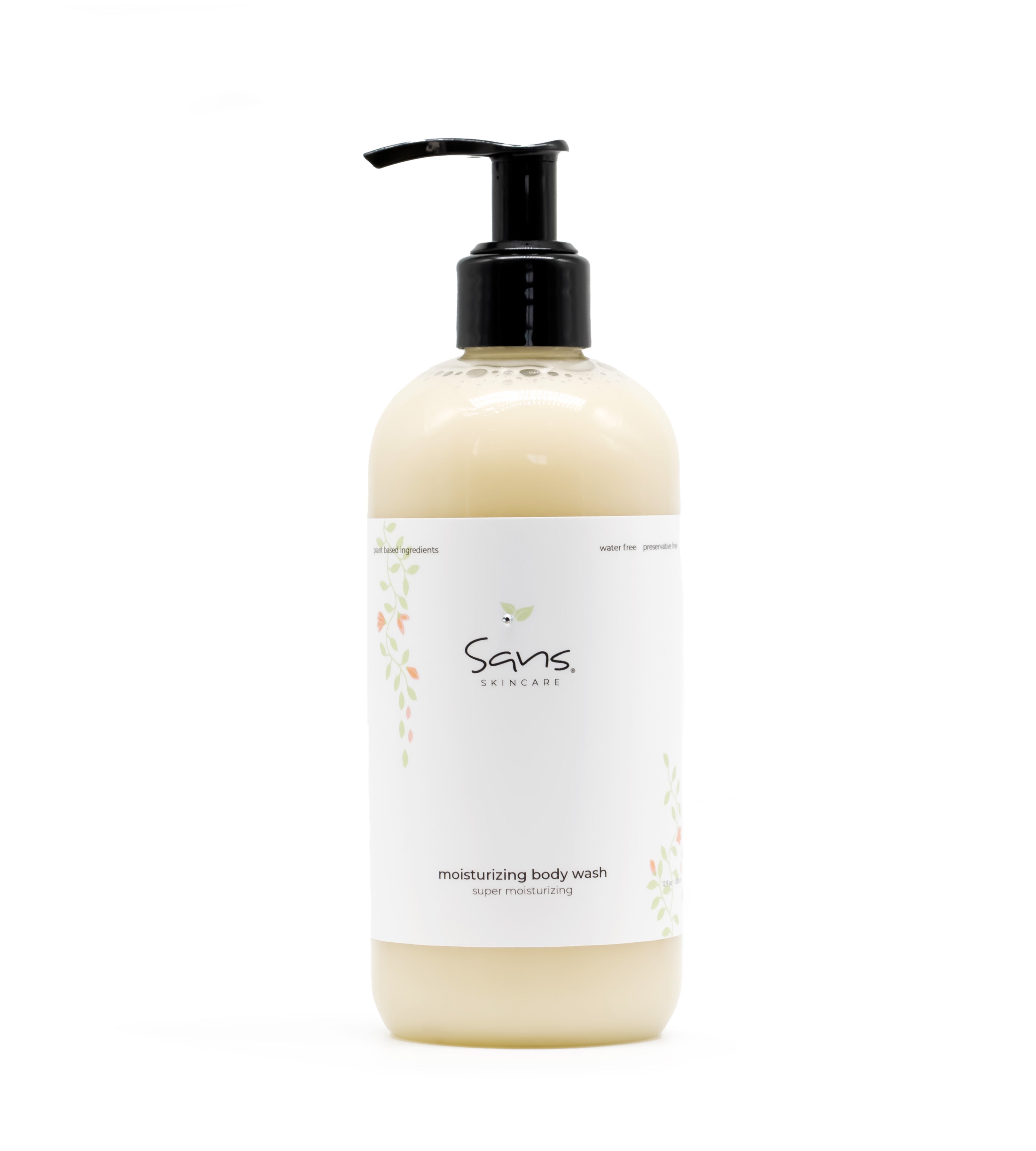 Sans Skincare Moisturizing Body Wash in tall cream-colored bottle with black pump dispenser, labeled super moisturizing