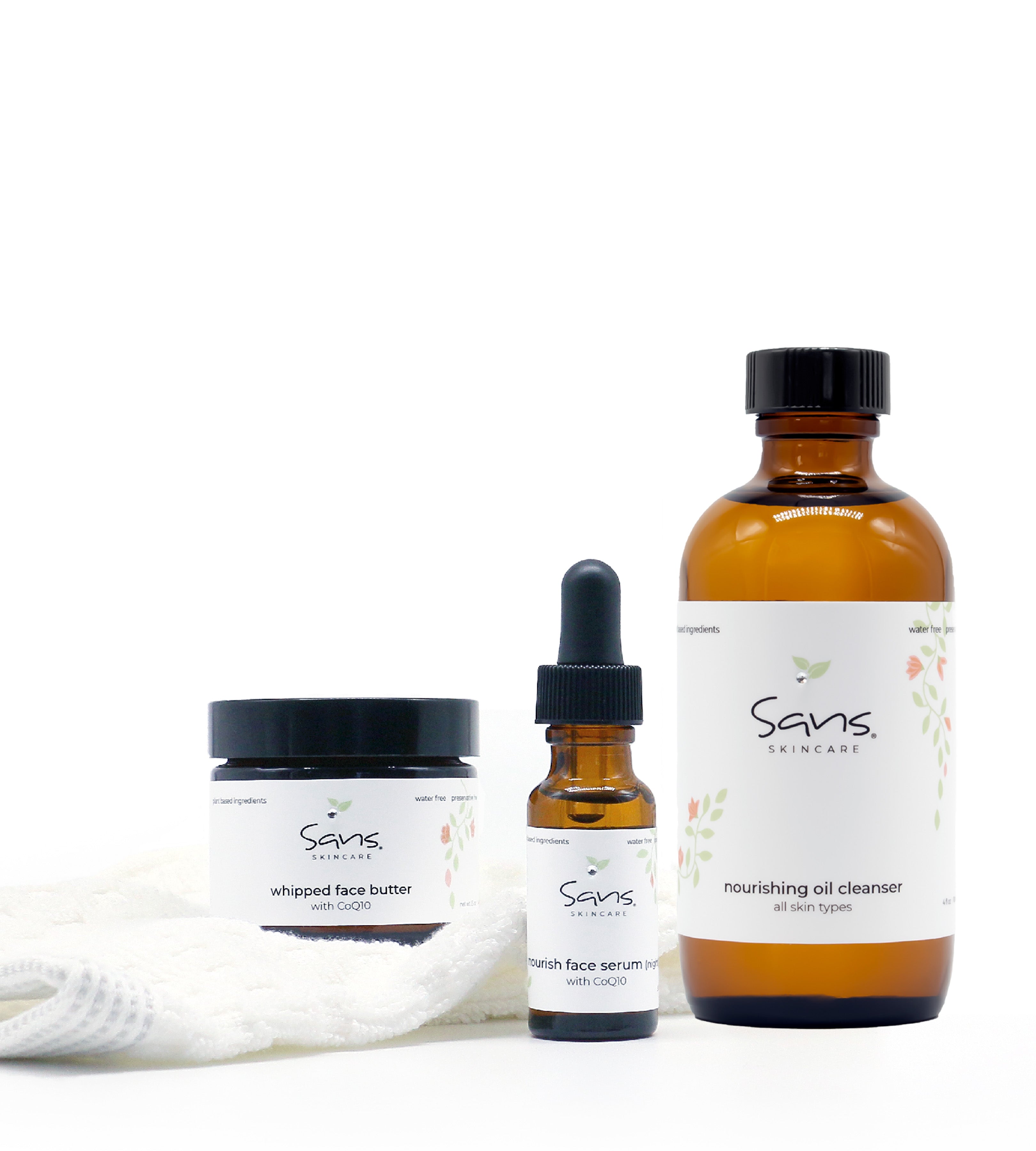 Sans Skincare Nighttime Ritual – Whipped Face Butter, Nourish Face Serum with CoQ10, and Nourishing Oil Cleanser with soft towel
