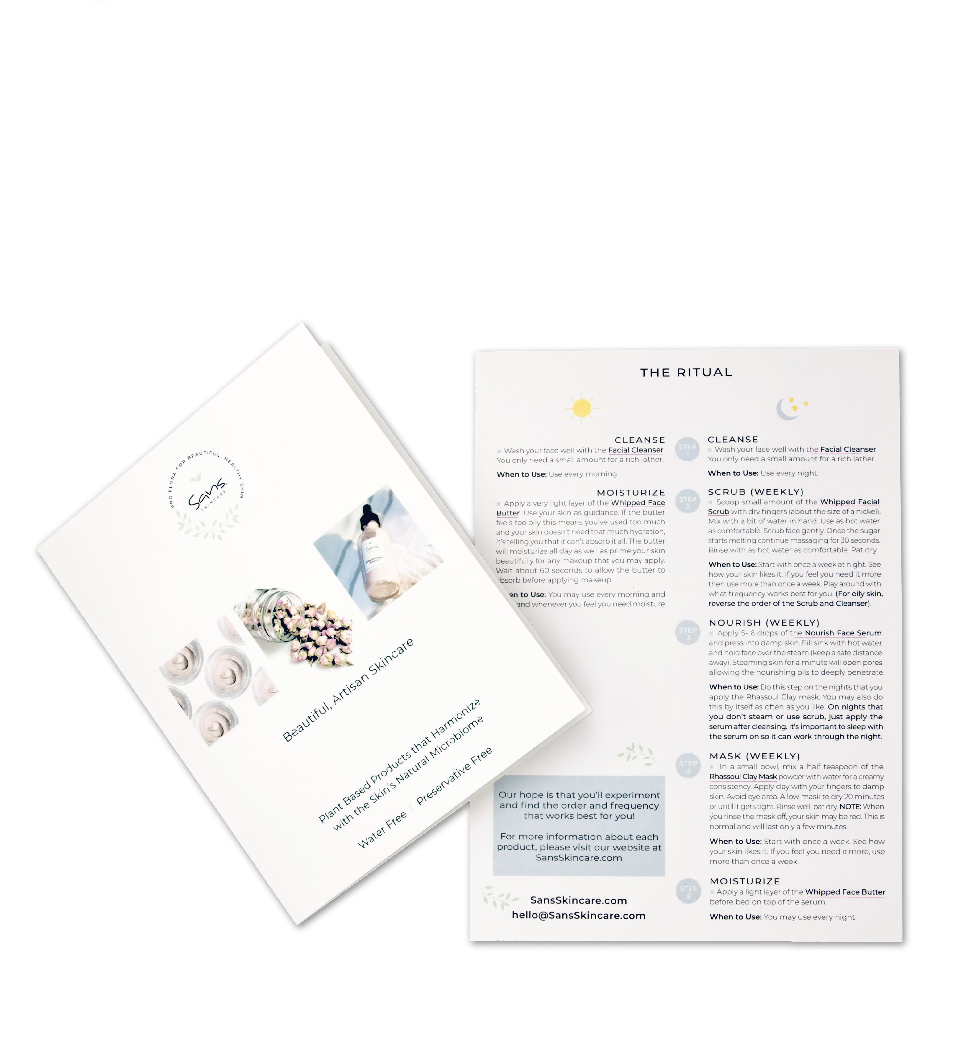 Printed skincare ritual card from Sans Skincare Starter Set, with directions for daily and weekly plant-based facial care routine