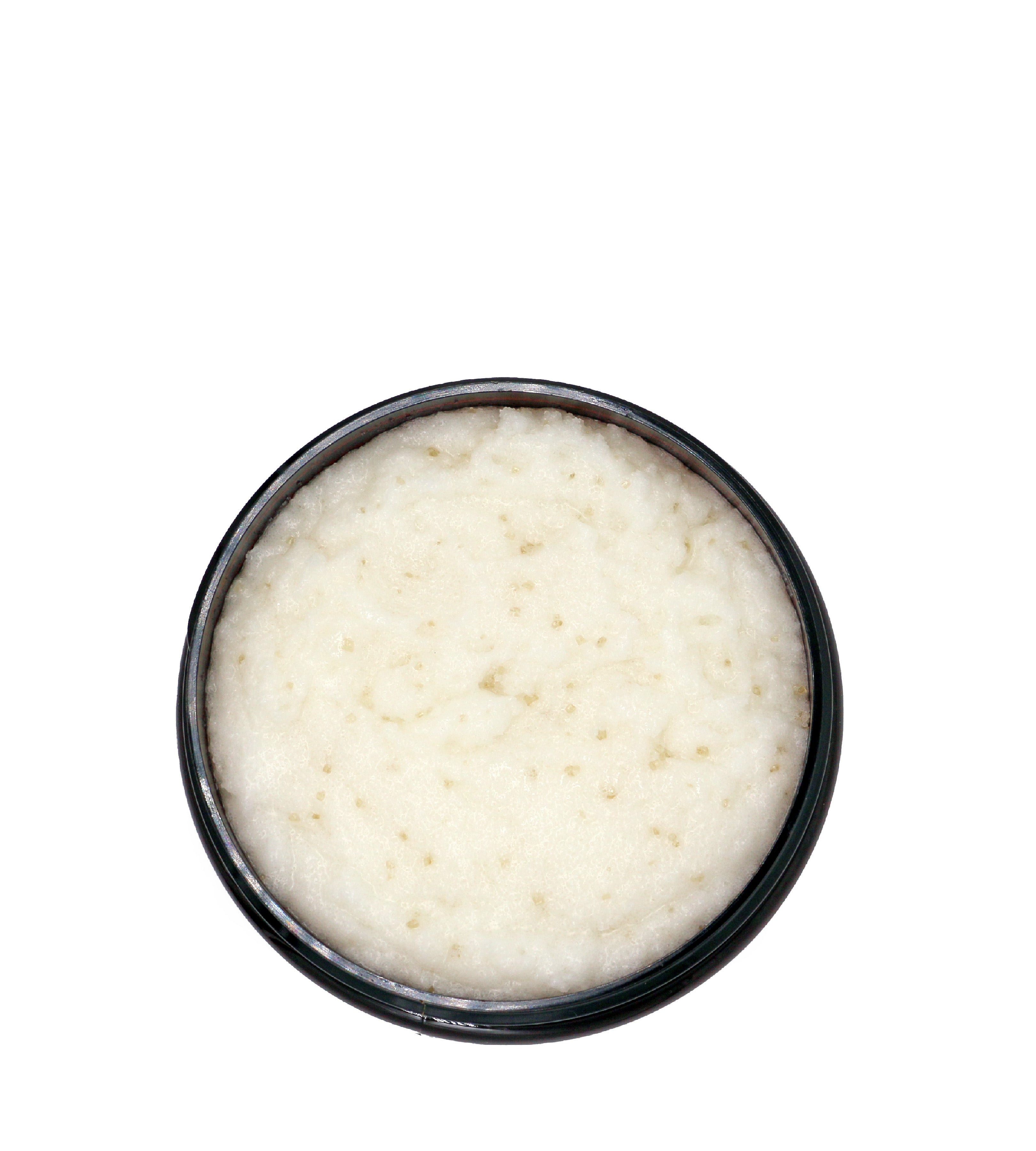 Sans Skincare Whipped Body Scrub in open amber jar, creamy natural exfoliating scrub that polishes and moisturizes skin