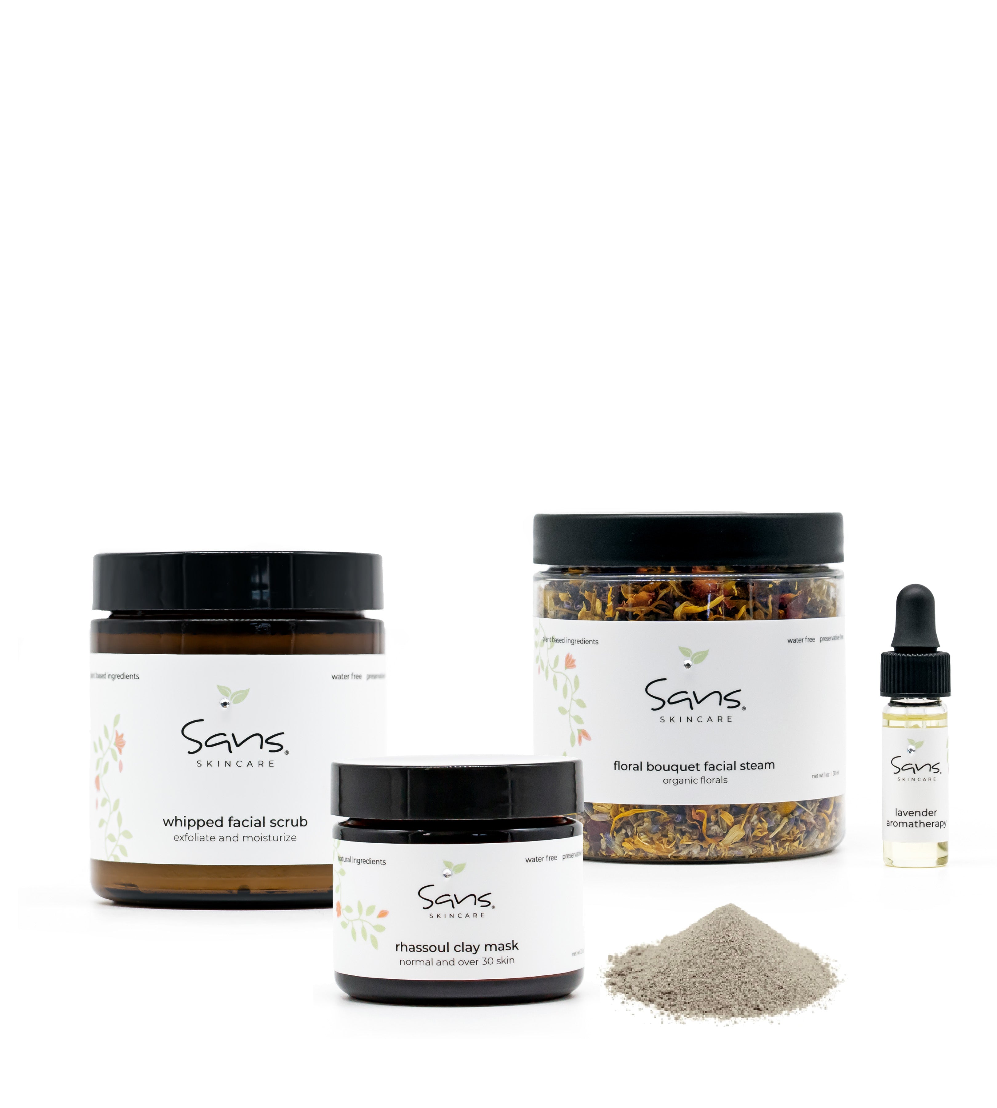 Sans Skincare Weekly Ritual – Whipped Facial Scrub, Rhassoul Clay Mask, Floral Bouquet Facial Steam, and Lavender Aromatherapy Oil