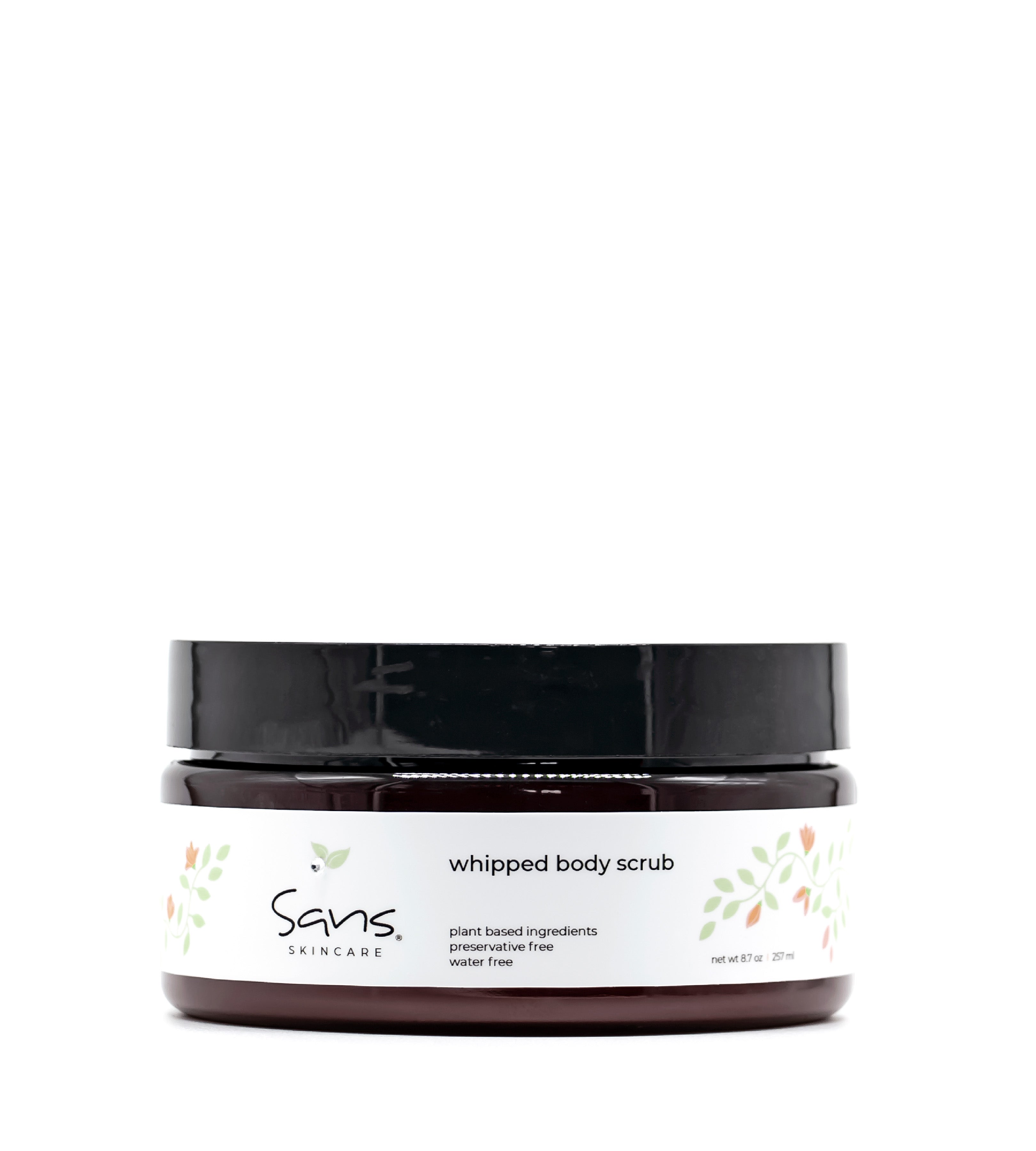 Sans Skincare Whipped Body Scrub in amber jar with black lid, natural exfoliating scrub that smooths and moisturizes skin