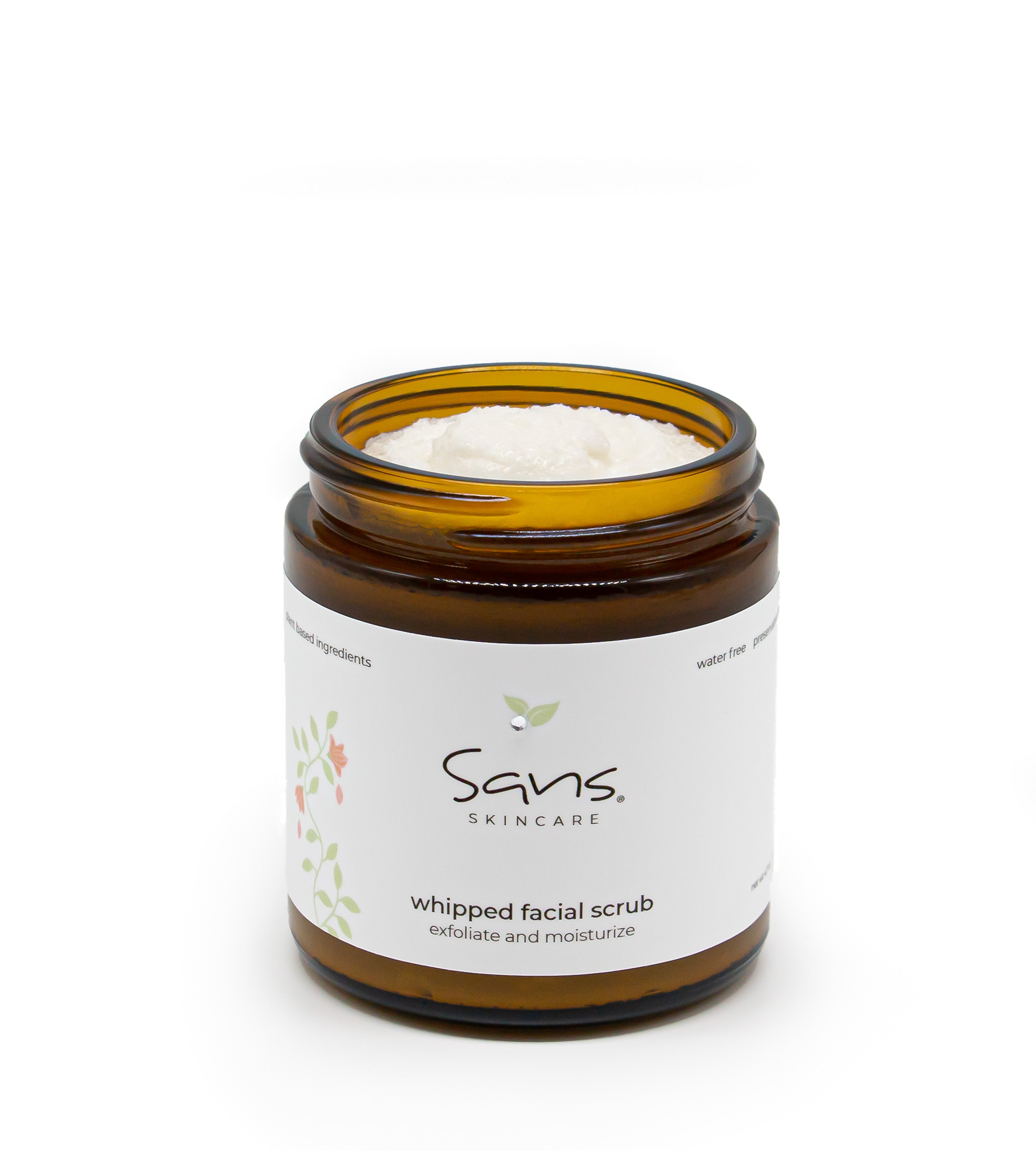 Sans Skincare Whipped Facial Scrub in amber jar with lid off, creamy natural exfoliating scrub that smooths and moisturizes skin