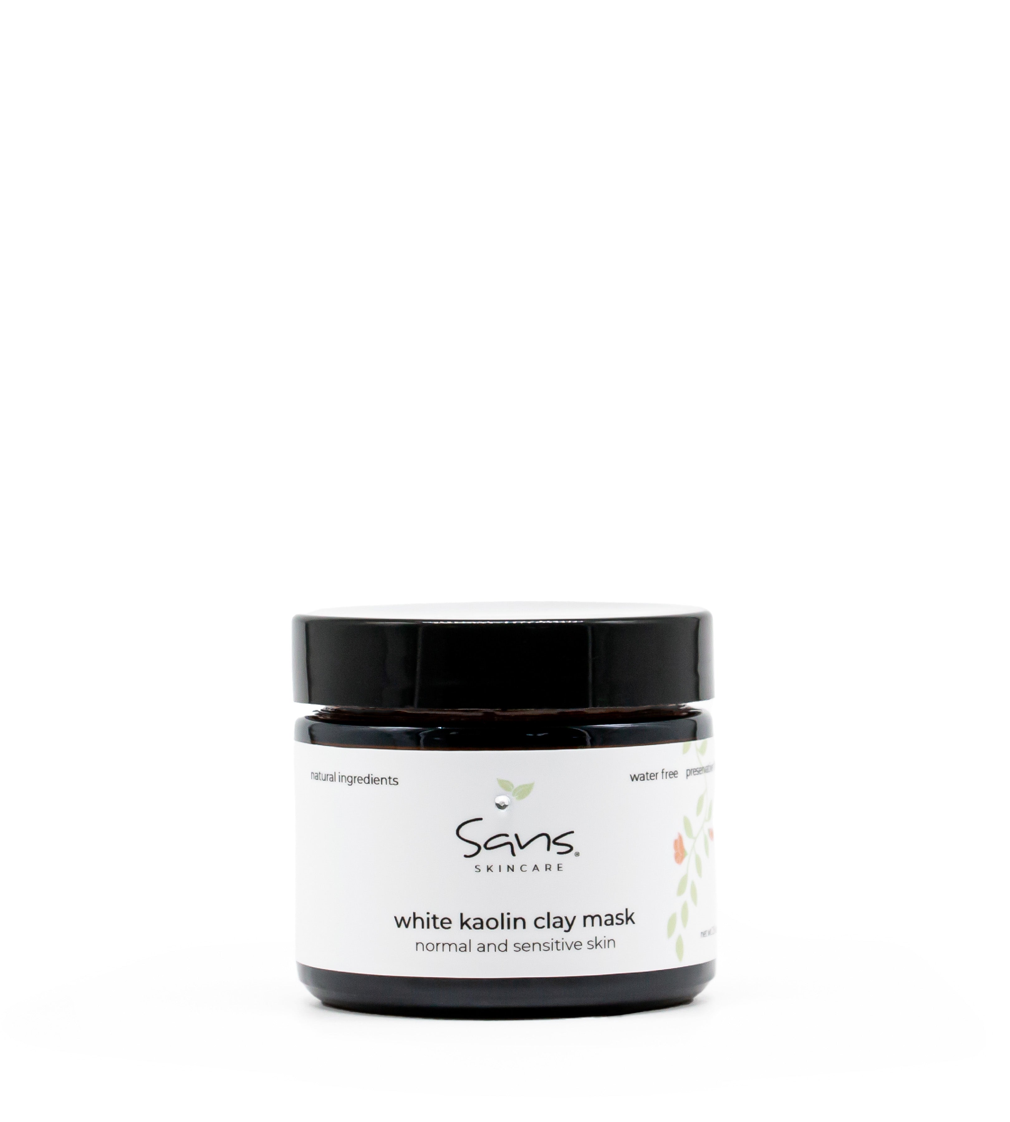 Sans Skincare White Kaolin Clay Mask in amber jar – gentle natural face mask for normal and sensitive skin types